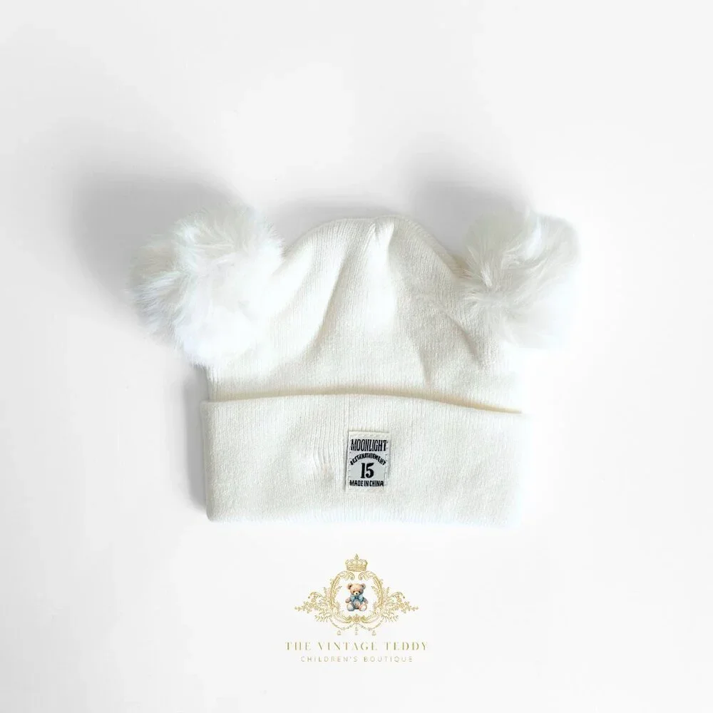 NWT Cute Baby & Toddler Girls Teddy Bear Fur Pom Pom Knit Cap Snow White OS